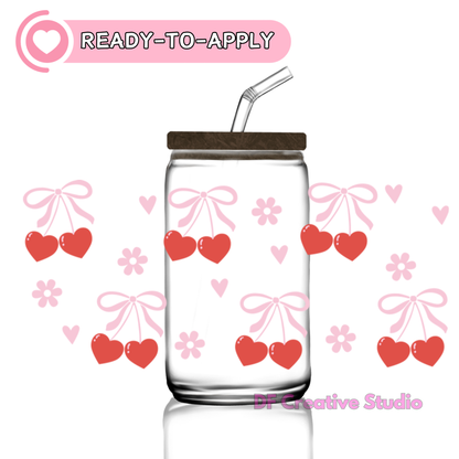 Cherry Bow & Hearts | 16oz Cup UV DTF Decal