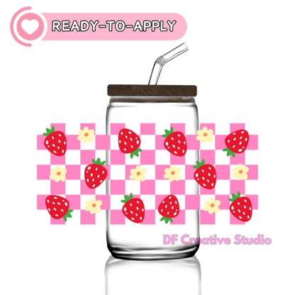 Checkered Strawberry | 16oz Cup UV DTF Decal